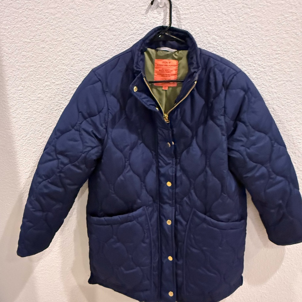 J. Crew Quilted Navy Coat with Olive Lining